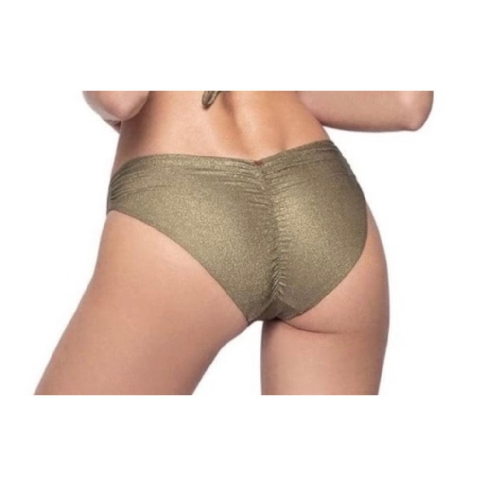 PQ Swim Euphoria Basic Ruched Full Bikini Bottom Gold Metallic EUP-211F L NEW
